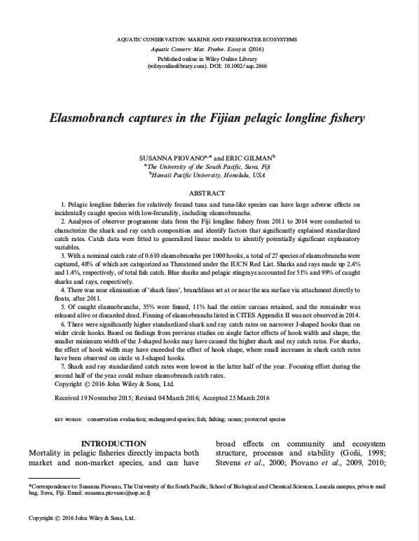 Paper – Elasmobranch captures in the Fijian pelagic longline fishery