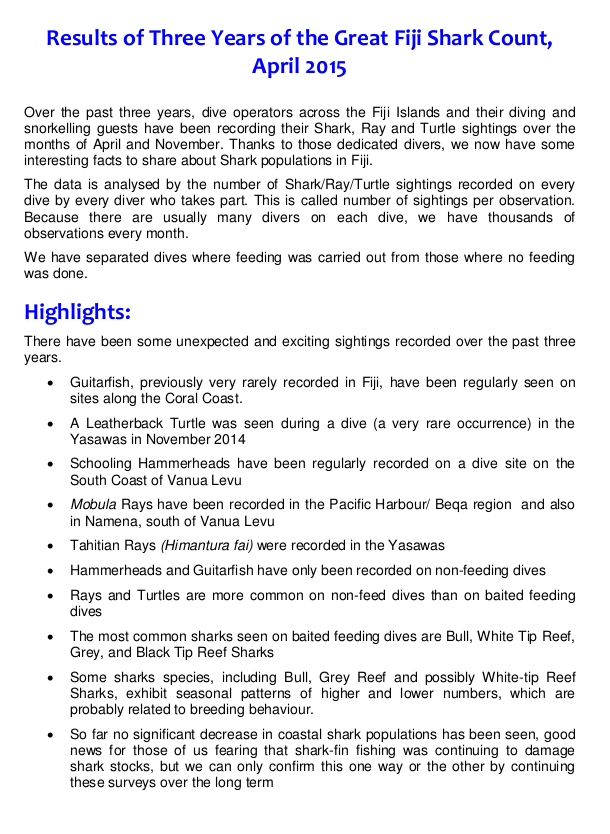 Full Report Results of Three Years of the Great Fiji Shark Count,  April 2015